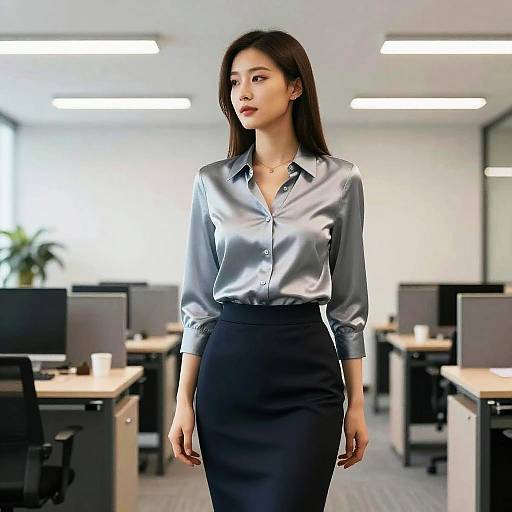 Businesswoman in Silk Blouse and Pencil Skirt