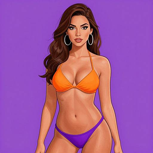 Digital illustration of a brown-haired woman in an orange bikini top and purple bottoms, standing against a solid purple background. She has hoop earrings, a toned