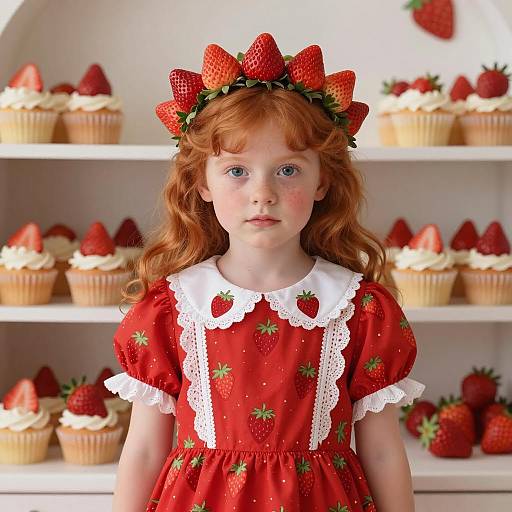 Red-haired Girl in Strawberry Dress with Cupcakes