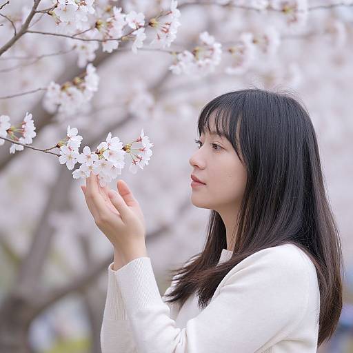 Photograph of a young Asian woman with straight black hair, wearing a white sweater, gently touching cherry blossoms in a spring garden.