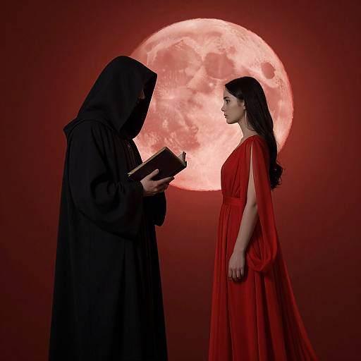 Photograph of a robed figure in black hood holding a book, facing a woman in red dress, against a red moon backdrop.