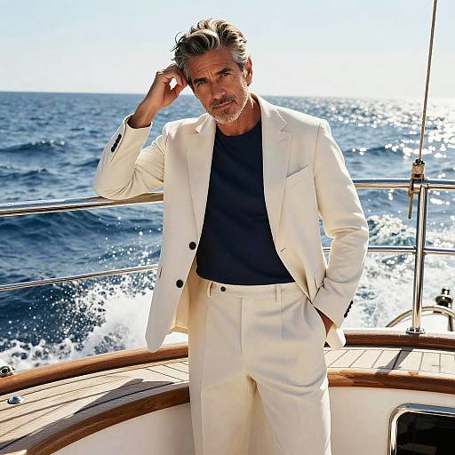 Photograph of a silver-haired man in a white suit and black shirt standing on a sunlit sailboat deck, hand in pocket, with ocean waves