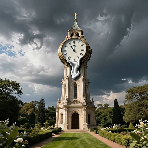 Photograph of a tall, ornate clock tower with a ghostly face in the clock, surrounded by manicured gardens and dark, cloudy sky.