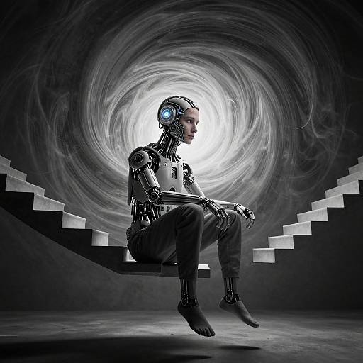 Photograph of a futuristic, robotic human with blue headphones, sitting on black stairs in a swirling black-and-white tunnel.