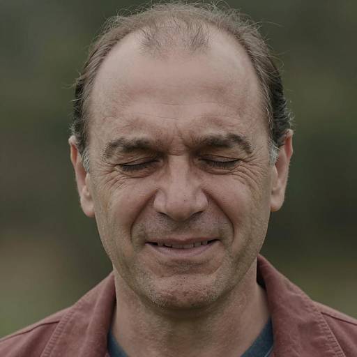 Middle-aged Man with Eyes Closed and Strained Smile