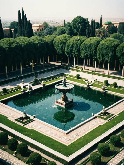 Isometric View of Persian Palace Garden with Fountain
