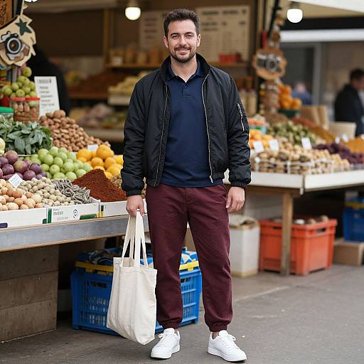 Photograph of a bearded man with short dark hair, wearing a black jacket, black shirt, maroon pants, and white sneakers, standing in
