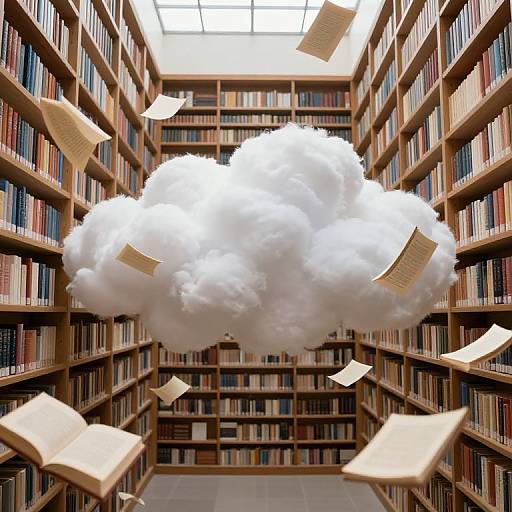 Photograph of a library with wooden bookshelves filled with books, featuring a large, white, cloud-like object floating in the center with flying paper