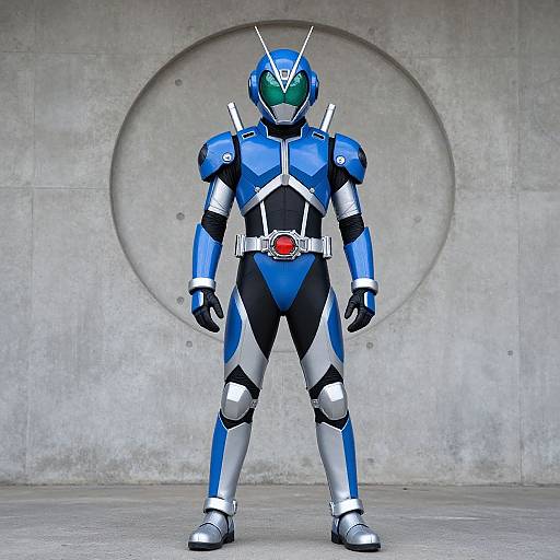 Photorealistic CGI of a Kamen Rider in blue and silver armor, standing in front of a gray concrete wall with a circular recess. Features green