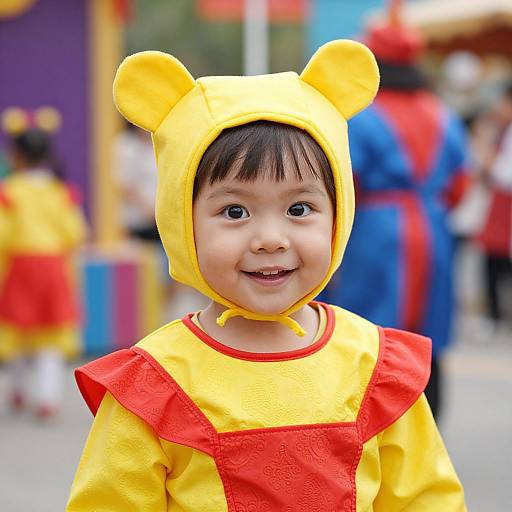 Photograph of a smiling Asian toddler in a yellow Mickey Mouse hooded costume with red accents, standing outdoors at a colorful festival.