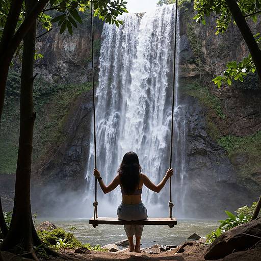 Photograph: Woman with long dark hair, wearing a bikini top and skirt, sits on a swing facing a tall, cascading waterfall, surrounded by