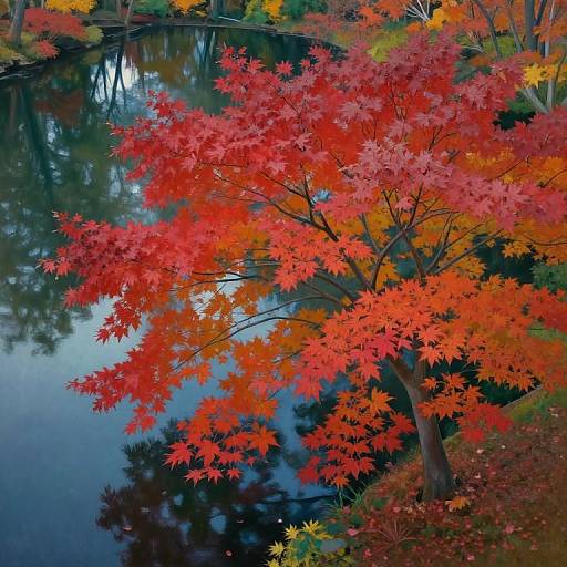 Photograph of a vibrant red-orange maple tree reflecting in a calm, dark blue pond, surrounded by autumn foliage in yellow, green, and brown.