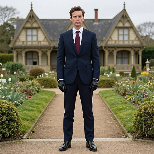 Photograph of a man in a dark suit, white shirt, red tie, black gloves, standing in front of a Victorian-style house with a lush