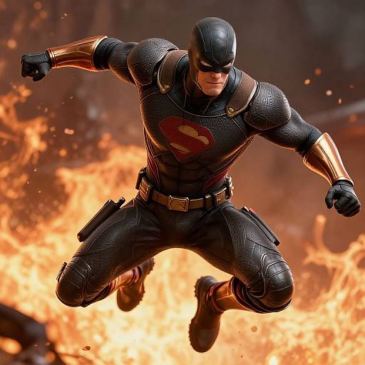 CGI image of a muscular, black-masked superhero in a black, textured suit with a red 