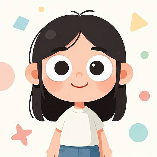 Digital cartoon of a cute, smiling young girl with black hair, large eyes, wearing a white shirt and blue pants, against a colorful background with geometric