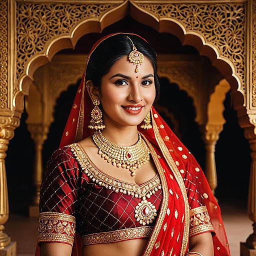 Indian Woman in Traditional Red and Gold Wedding Attire