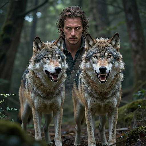 Photorealistic CGI: Man with curly brown hair in forest, standing behind two large, alert wolves with detailed fur, in a dense, mossy