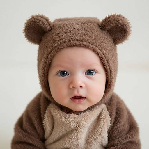Photograph of a baby with blue eyes, wearing a brown bear-themed onesie and hat, against a plain white background.