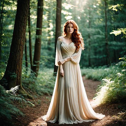 Redhead Woman in Flowing Beige Gown in Forest