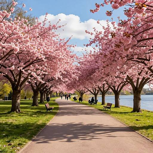 Photograph of a sunny park path lined with pink cherry blossom trees, people walking, and benches, with a lake in the background.