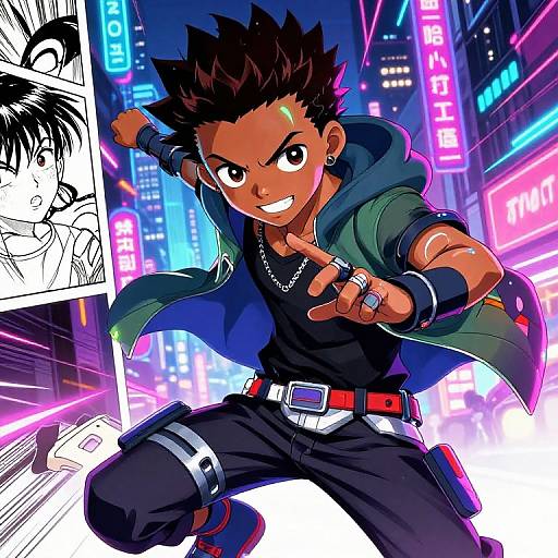 Digital anime-style drawing of a spiky-haired, tan-skinned, muscular boy in a green jacket and black shirt, pointing forward in a neon-l