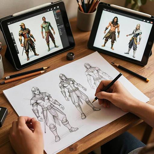 Photograph of hands drawing digital character sketches on paper, surrounded by two tablets showing colored character designs, on wooden table.