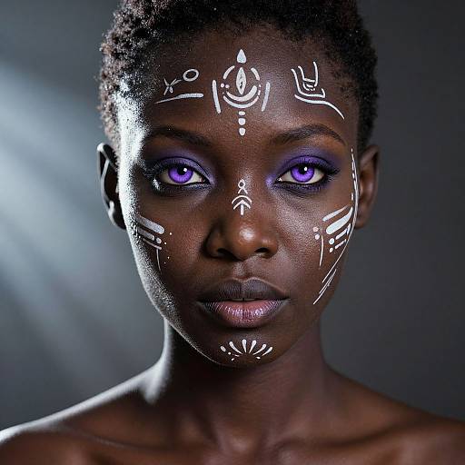 Photograph of a dark-skinned woman with glowing purple eyes, white tribal face paint, and short curly hair, illuminated by a soft light beam.