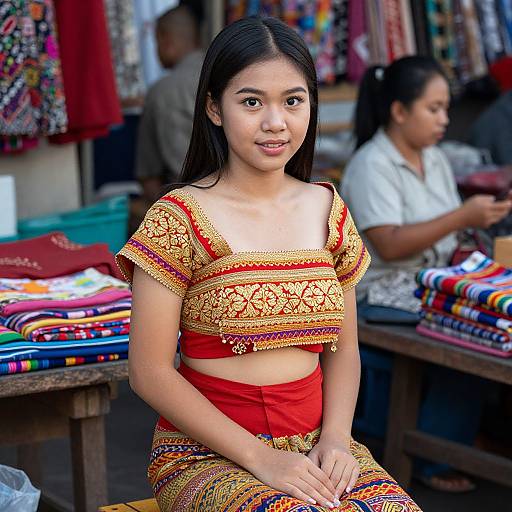 Photograph of a young Asian woman with long black hair, wearing a colorful, embroidered crop top and red skirt, sitting at a market stall with vibrant