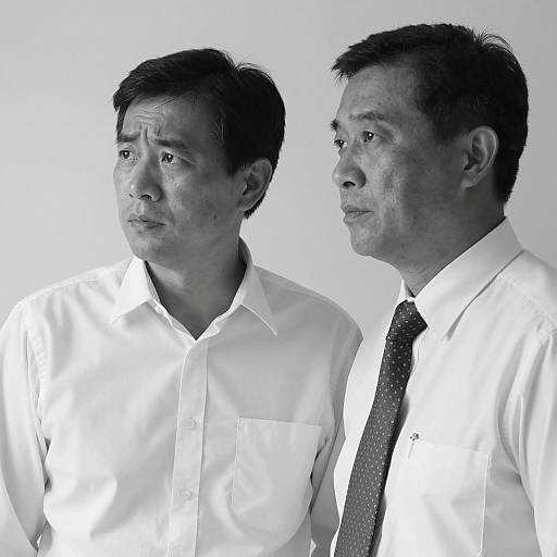 Black and White Portrait of Two Concerned Asian Men