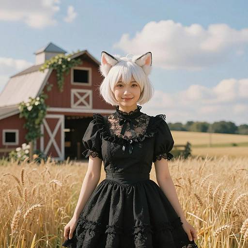 Photograph of a young woman with white cat ears, short white hair, and black lace dress, standing in a golden wheat field with a red barn