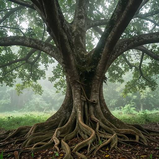 Photograph of a massive, ancient tree with thick, intertwining roots and broad, lush green leaves in a misty forest.