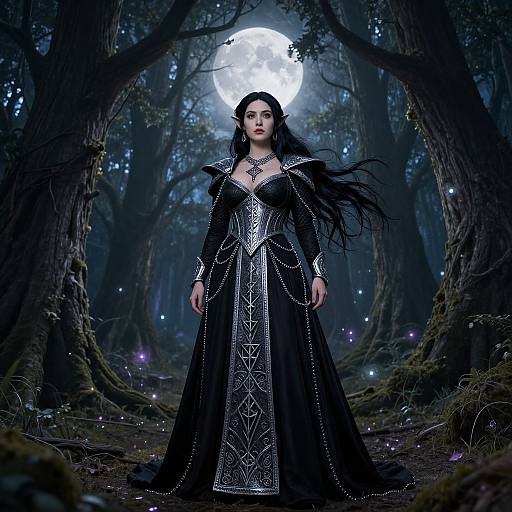 Photograph-like digital fantasy artwork of a dark-haired, pale-skinned elf woman in an ornate black gown, standing under a glowing full moon in