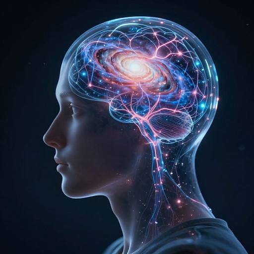 Digital CGI of a transparent, glowing human head profile showing a bright, colorful galaxy and neural networks inside the brain. Dark background.