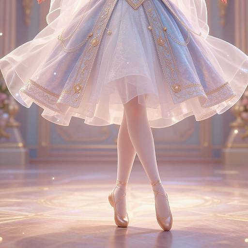 Photograph of a ballerina in a light blue, ornate, floor-length tutu with gold embroidery, white stockings, and pink ballet shoes