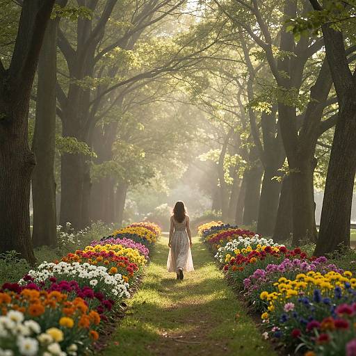 Photograph of a woman in a white dress walking down a sunlit, flower-lined forest path with vibrant flowers on both sides.