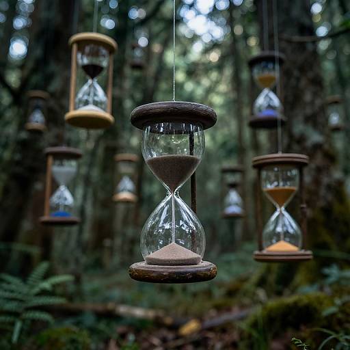 Photograph of multiple hanging glass hourglasses in a dense, mossy forest, with sunlight filtering through trees, creating a serene, timeless atmosphere.
