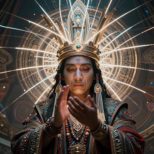 Photograph of a Native American woman with white face paint, intricate headdress, and ornate jewelry, hands raised, glowing light rays behind her.