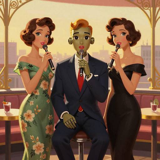 Digital illustration of 1950s-style man in navy suit, red tie, flanked by two women in floral and black off-shoulder dresses