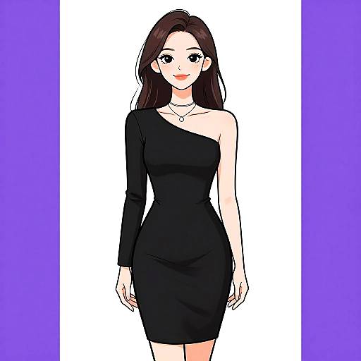 Digital anime-style drawing of a smiling young woman with long brown hair, wearing a black one-shoulder dress, white background, purple borders.