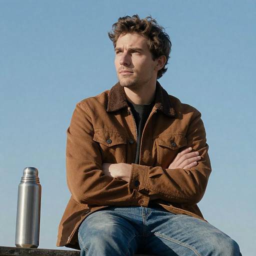 Man in Brown Jacket by Sky