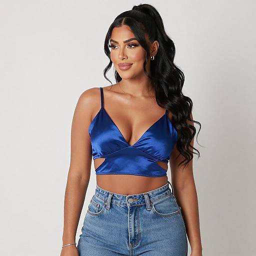 Confident Woman in Deep Blue Satin Crop