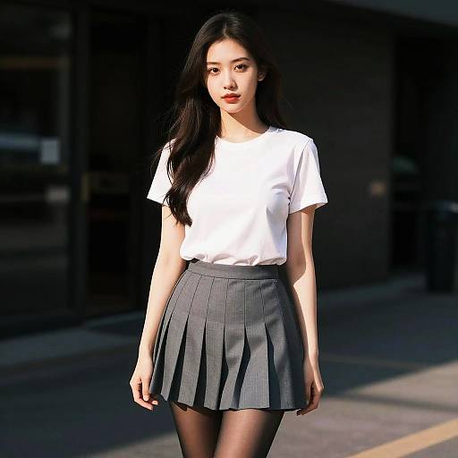 Photograph of an East Asian woman with long black hair, wearing a white t-shirt, grey pleated skirt, and black tights, standing in