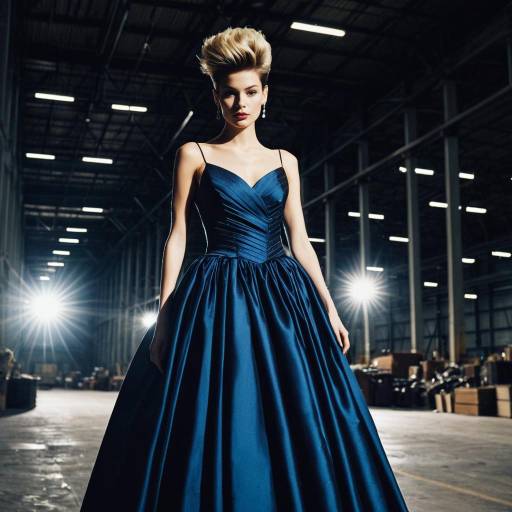 Fashion Model with Pompadour Hairstyle in Blue Gown