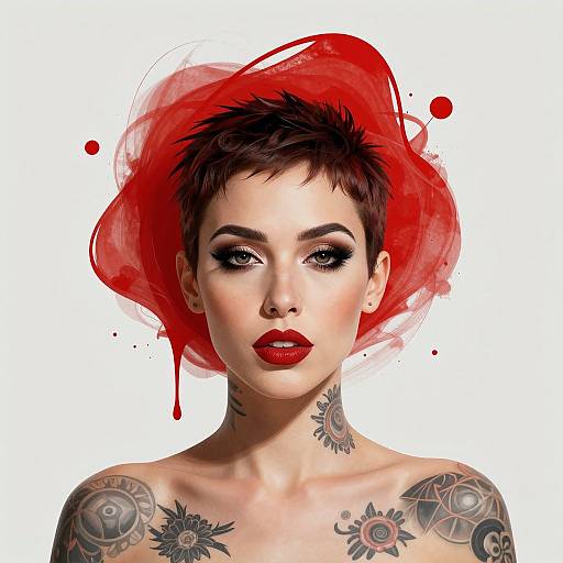 Stylized Woman with Tattoos and Abstract Red Design