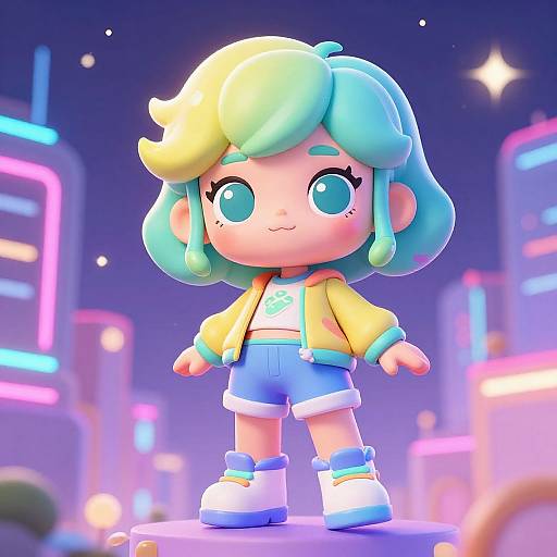 CGI chibi-style child with pastel green and blue hair, yellow jacket, blue shorts, white sneakers, standing in a neon-lit city