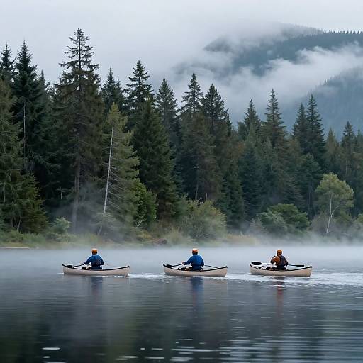 Photograph of three kayakers in blue and orange shirts paddling on a mist-covered lake, surrounded by dense, foggy evergreen forest.