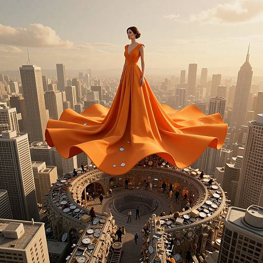 Giant woman in orange dress stands on city square, her dress billowing, towering over skyscrapers in a sunlit urban landscape. CGI art