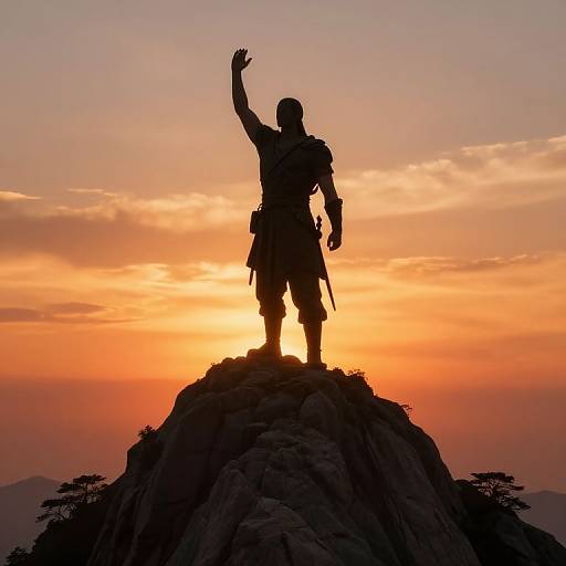 Silhouetted soldier standing on rocky peak, raising arm, against vibrant sunset with orange and pink sky, surrounded by distant trees. Photograph.