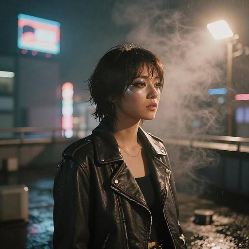 Melancholic Synthwave Nightclub Rooftop Singer Portrait