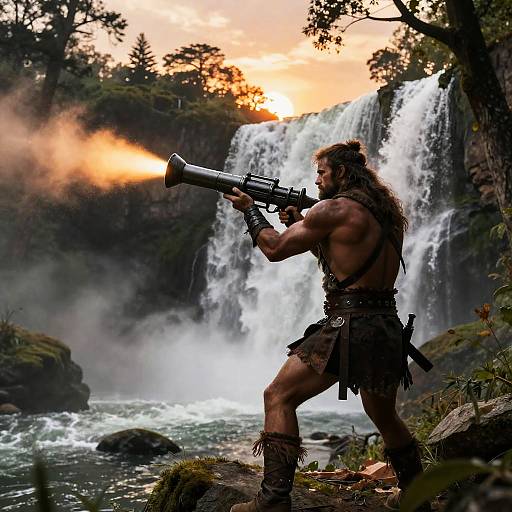 Muscular warrior with long hair and tribal attire fires a futuristic gun at a waterfall during sunset in a lush forest.